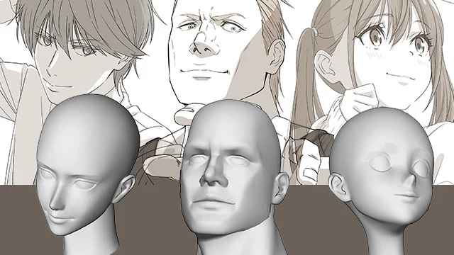 Improve character anatomy and proportions with 3D models in Clip Studio Paint A variety of faces can be drawn using 3D head models.