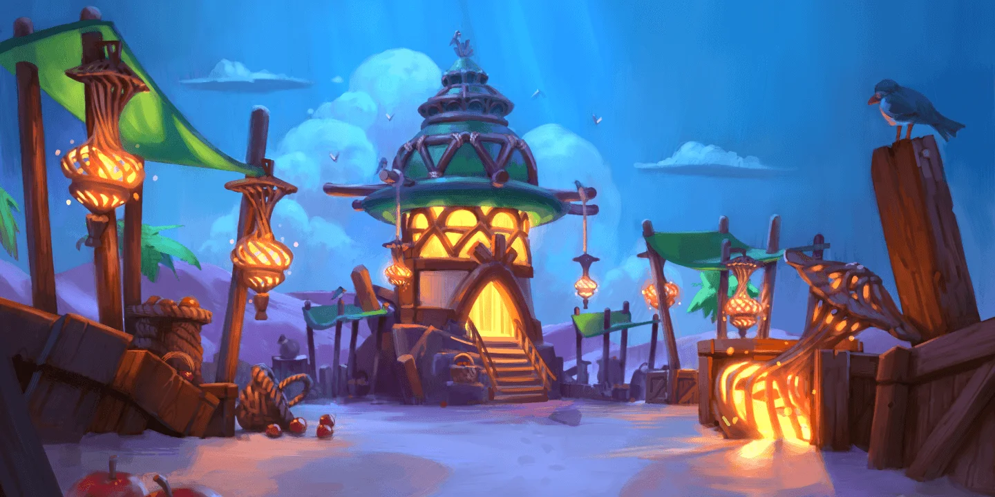 Vibrant Environment Concept Art for Creative Projects Colorful environment concept art featuring a glowing building and lanterns