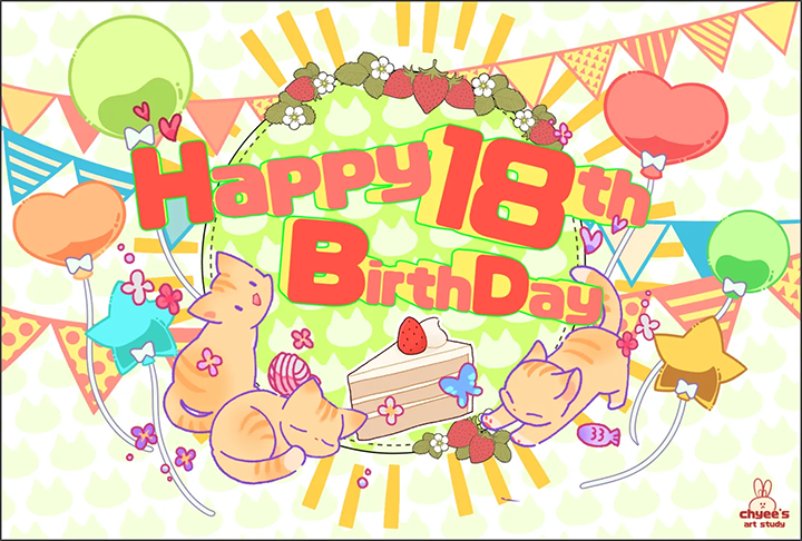 設計生日賀卡 以CLIP STUDIO PAINT設計的18歲生日卡片,包含氣球、貓咪與蛋糕的可愛元素